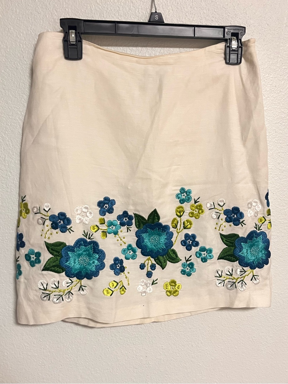 Michael Kors Cream Mini Skirt with Blue & Green Floral Embroidery